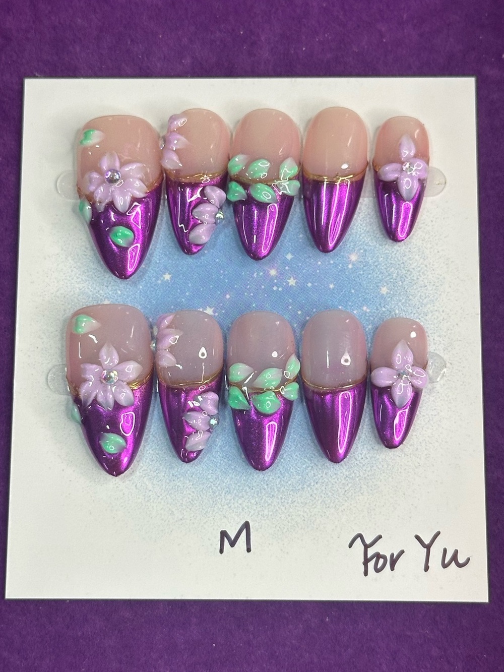 Purple Chrome & 3D Flowers Press-On Nails - Size M